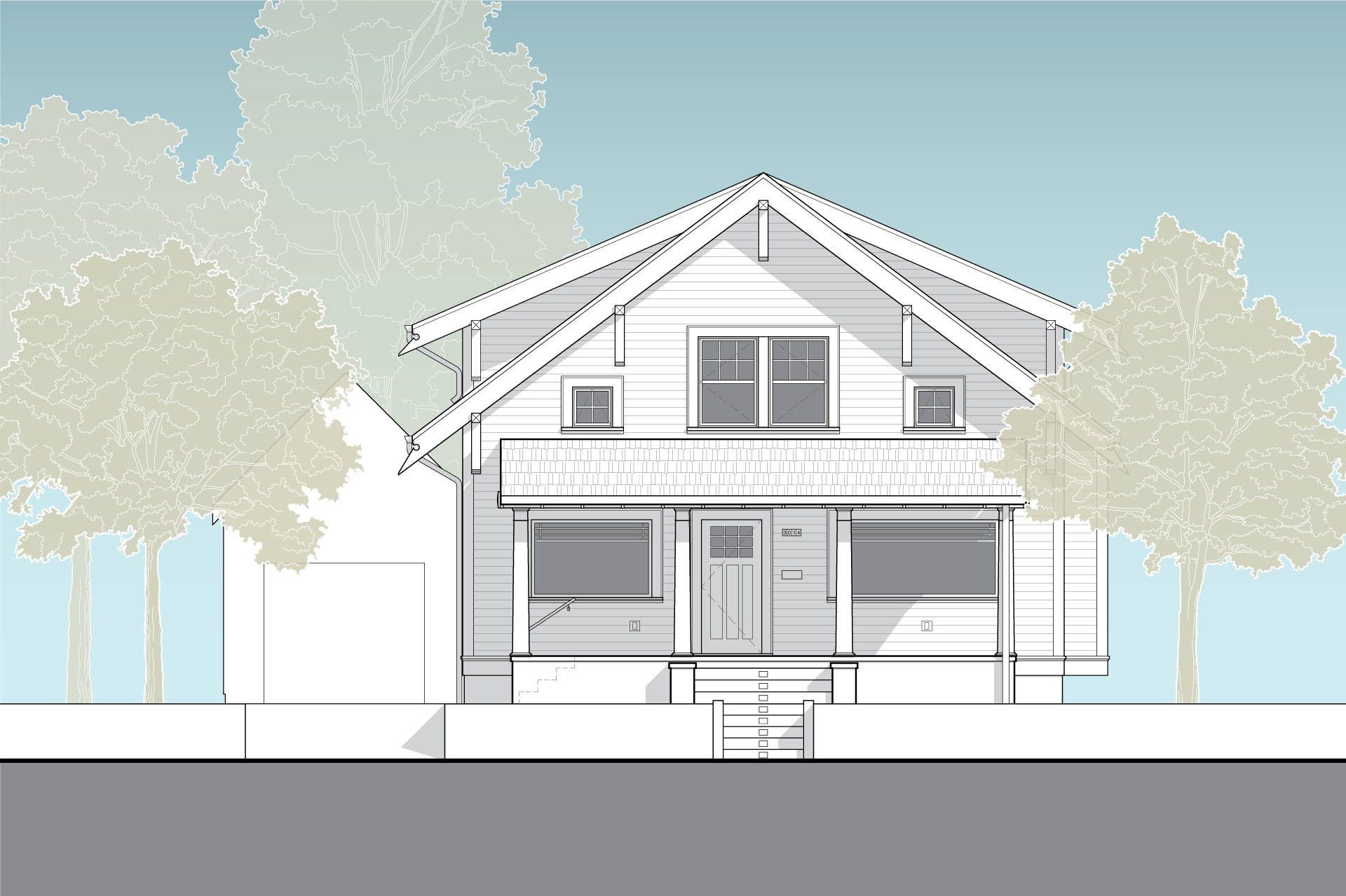 This is a drawing of the front elevation of the Alameda Craftsman after being renovated.