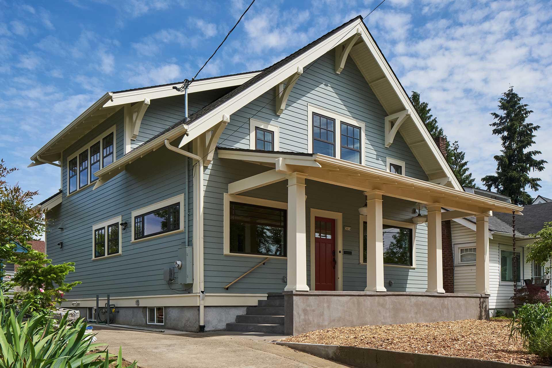 This is a view of the front exterior of the Alameda Craftsman after being renovated.