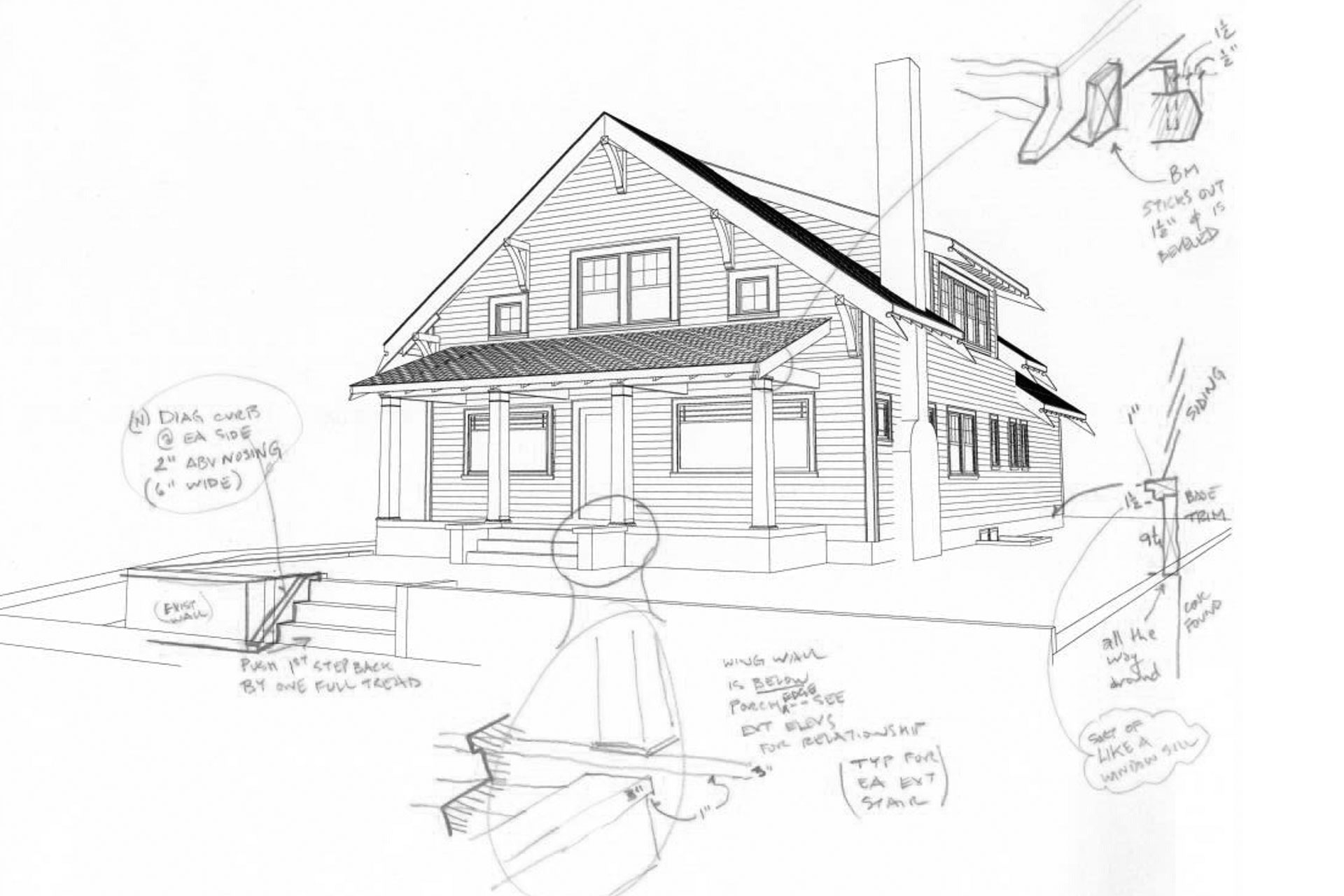 This is a sketch showing the design process for the exterior of the Alameda Craftsman.