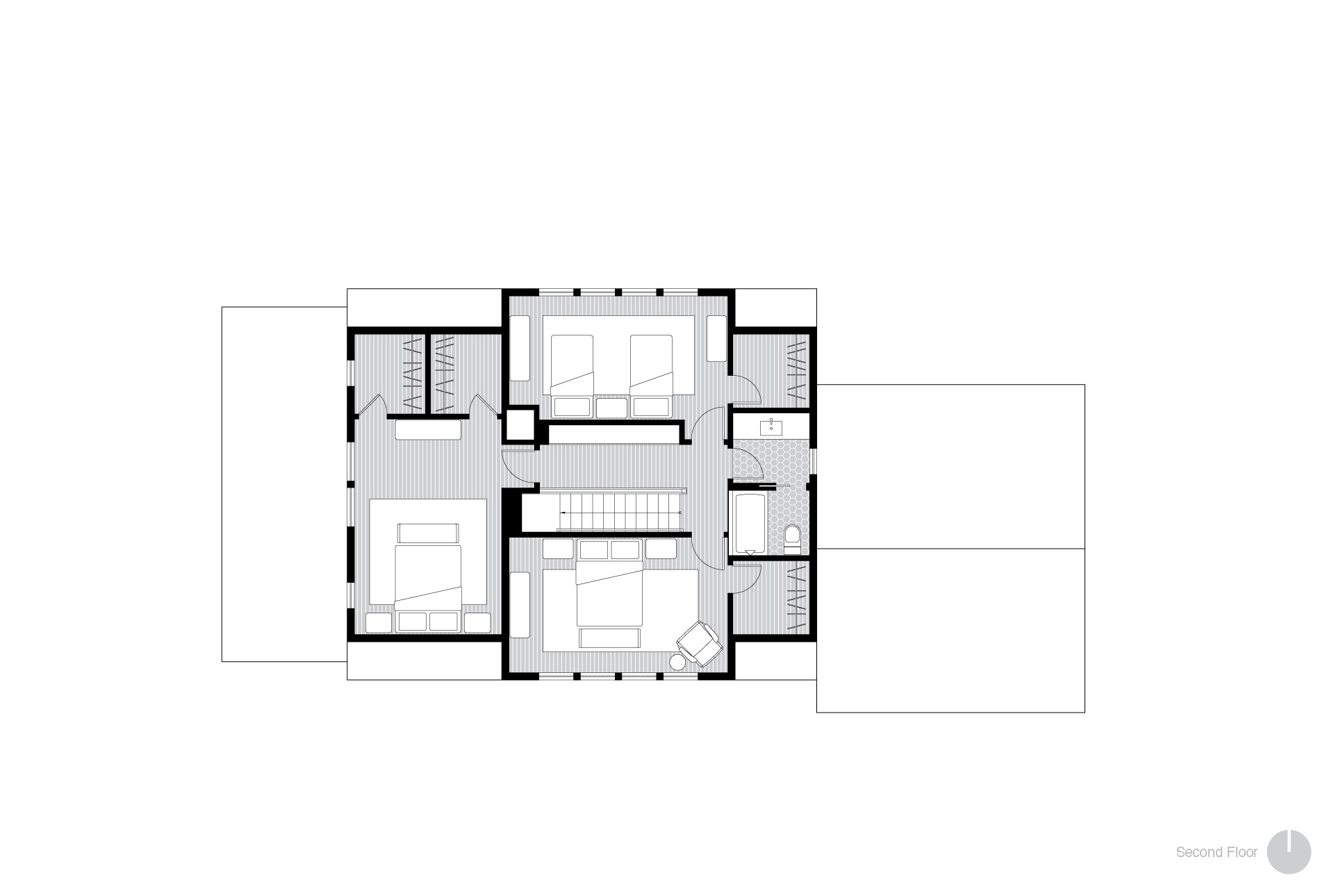 This is a plan drawing of the renovated second floor at the Alameda Craftsman.