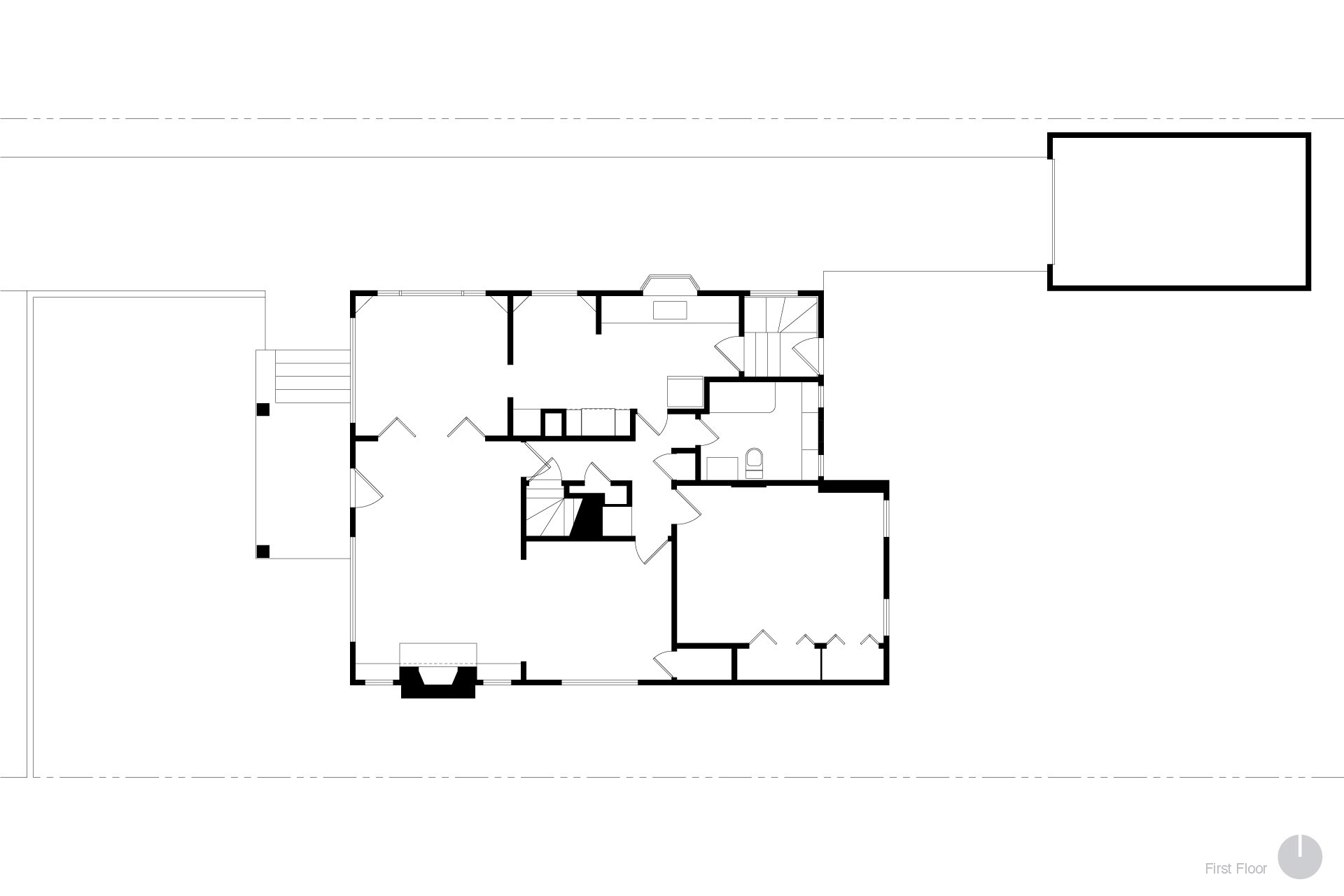 This is a plan drawing of the first floor of the Alameda Craftsman before being renovated.