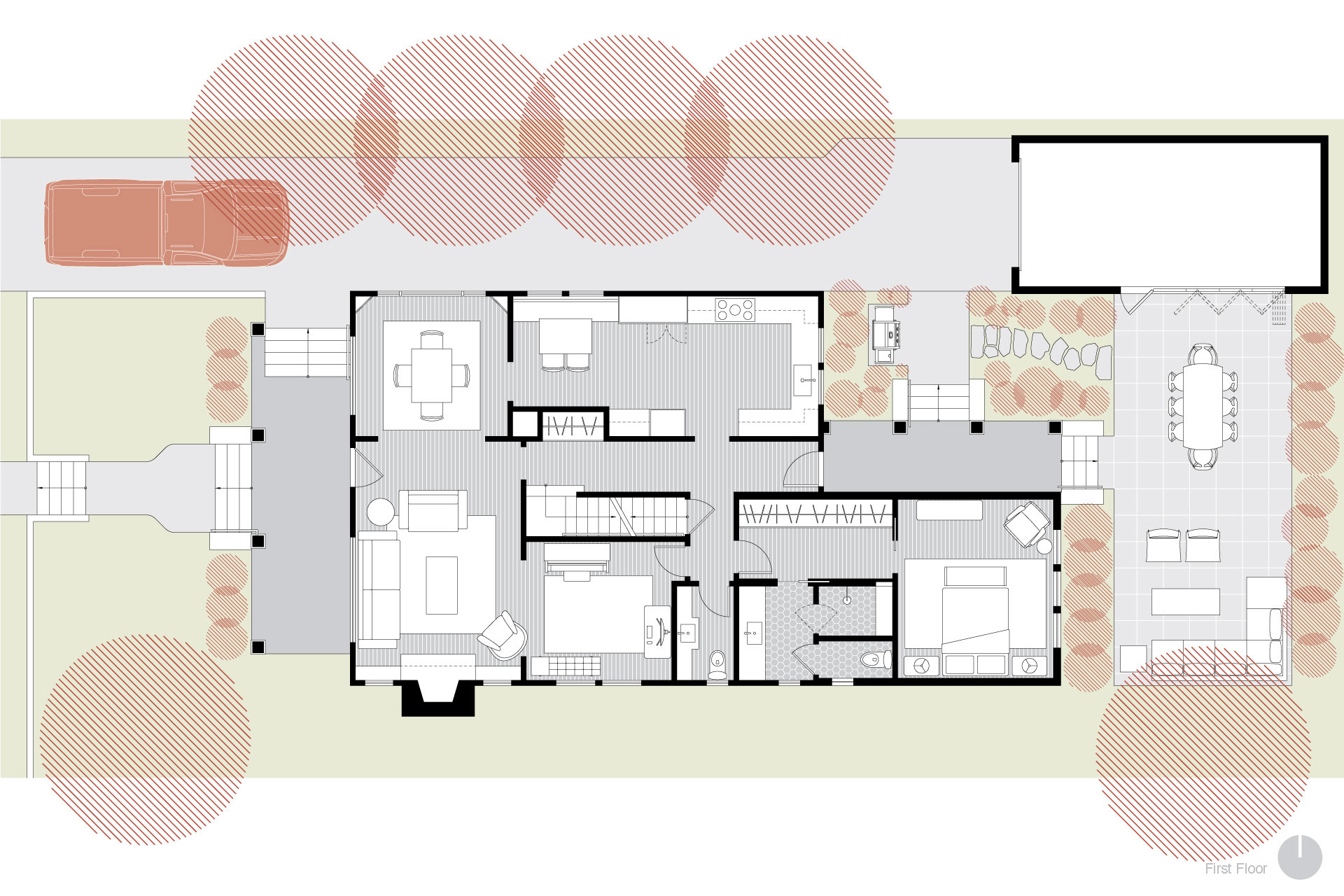 This is a plan drawing of the renovated first floor at the Alameda Craftsman.