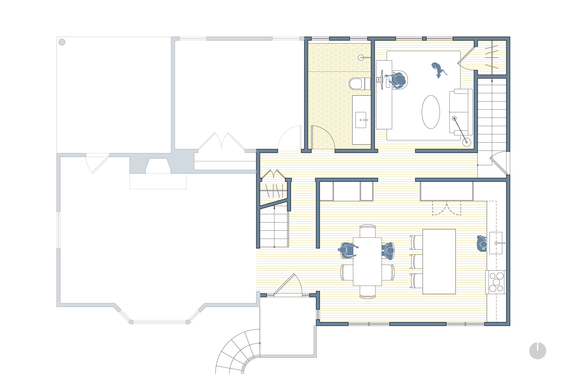 This is a drawing showing the floor plan of the renovated house at the Alameda Modern.