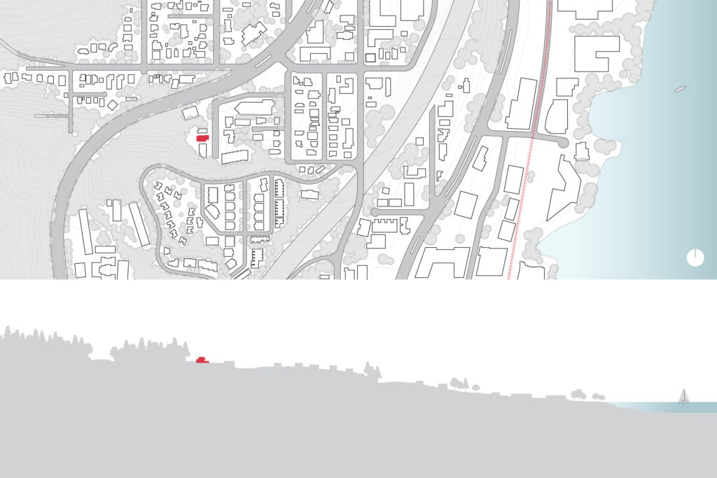 Site plan and section with the Family Porch building highlighted in red.