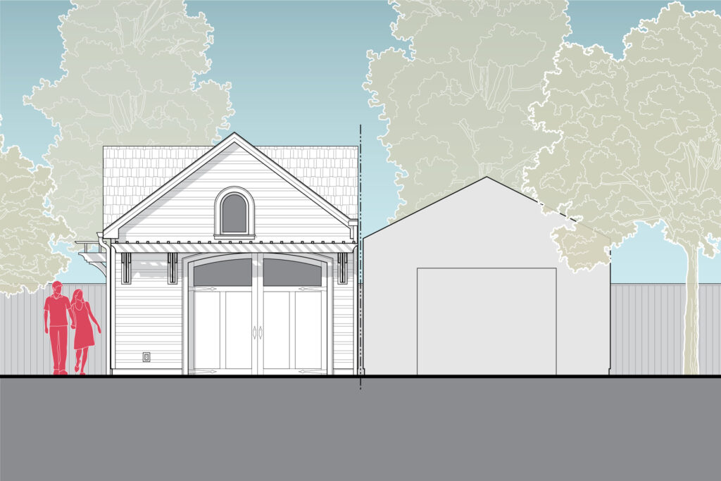 This is a drawing of the new garage design showing its proximity to the garage on the adjacent neighbor's property.