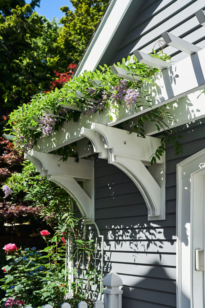 Wisteria vines grow on custom-designed trellises.