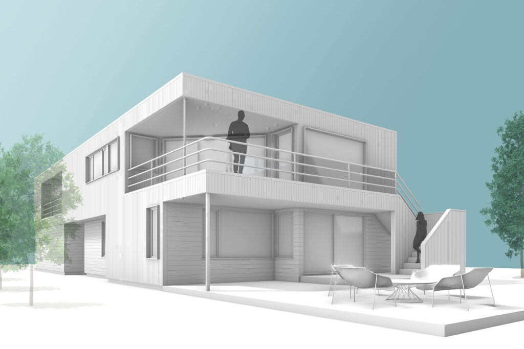 This is a 3d rendering of the rear of the home showing the proposed exterior remodel.