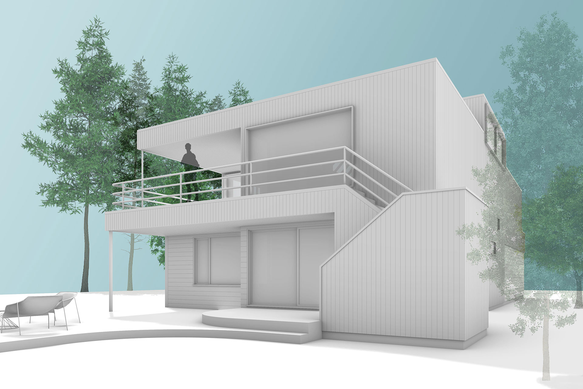 This is a 3d rendering of the rear of the home showing the proposed exterior remodel.