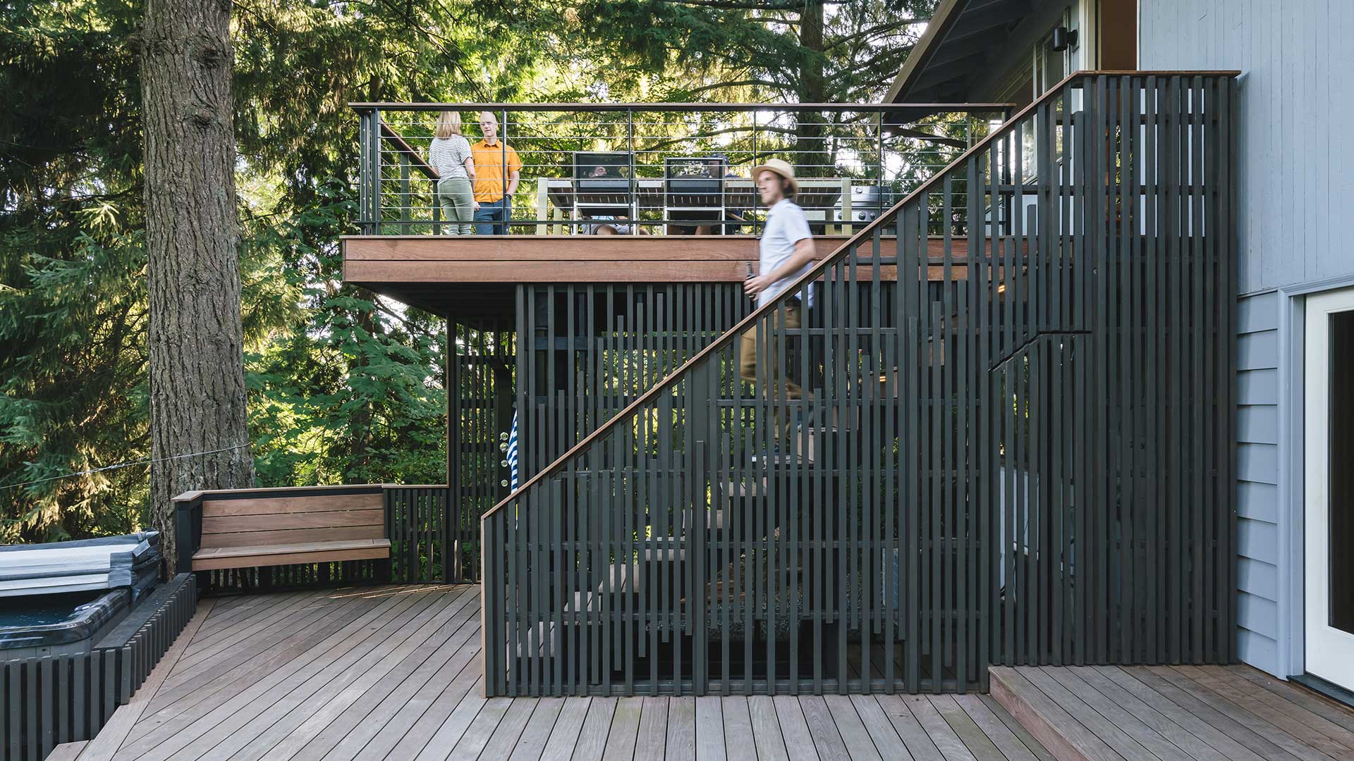 The stair enclosure at the Hillsdale Deck features a custom curved design.