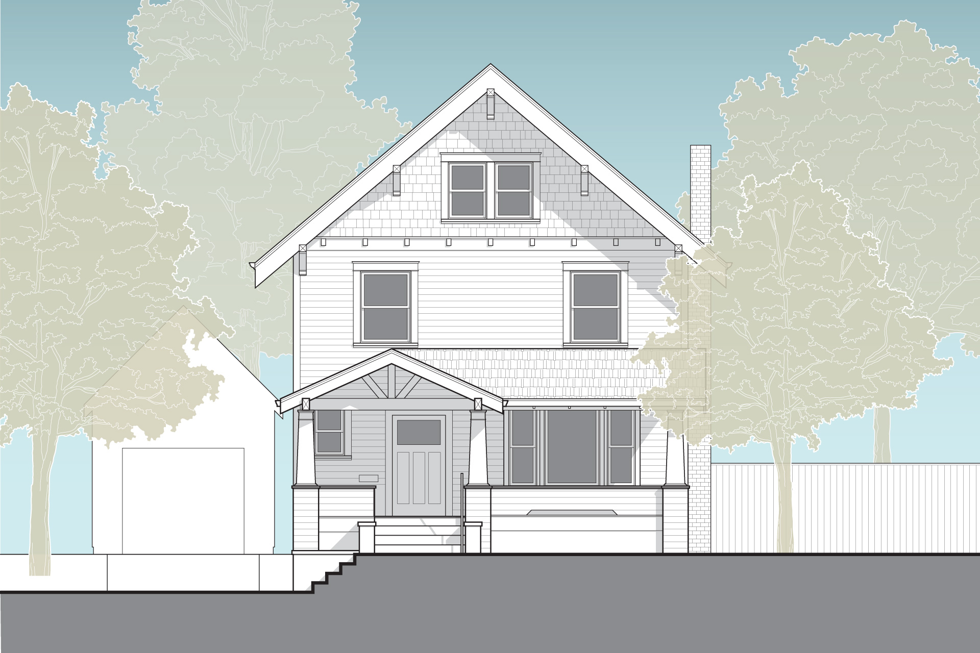 This is a front elevation drawing of the Laurelhurst Craftsman after renovations.