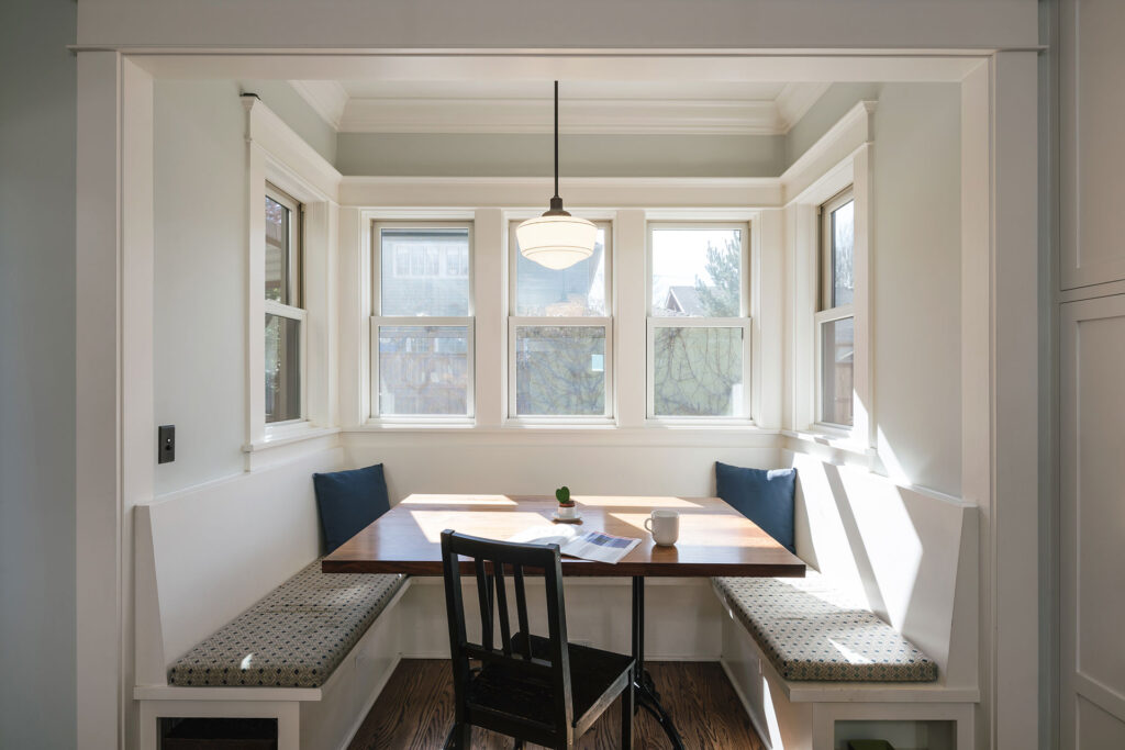 A new dining nook was added to the renovated kitchen at the Laurelhurst Craftsman.