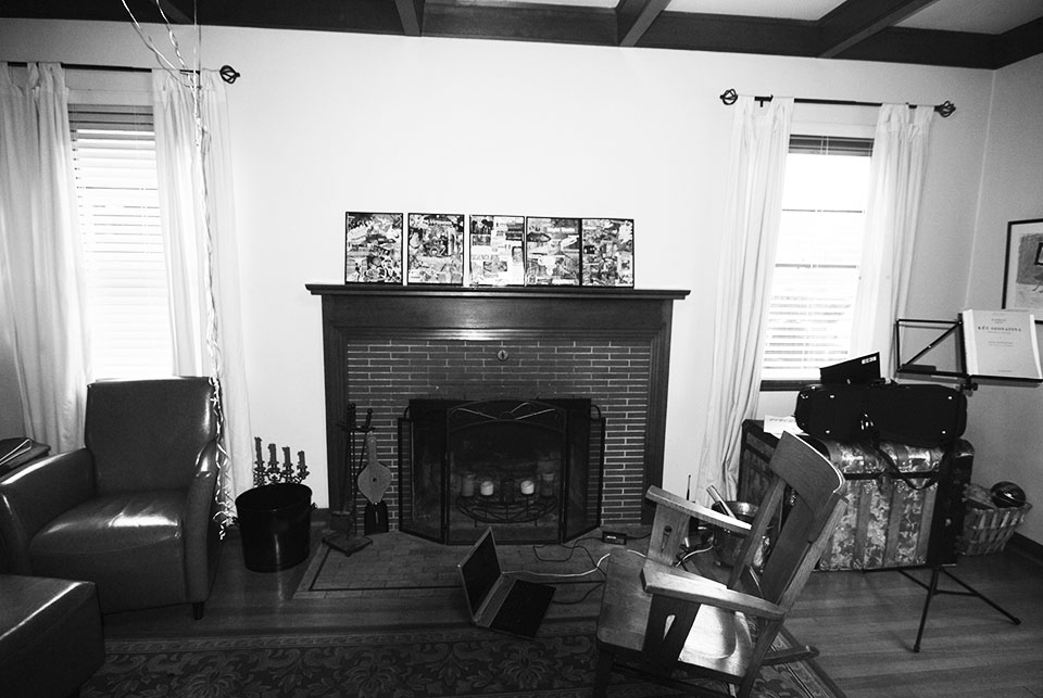 Dark brick fireplace prior to renovations.