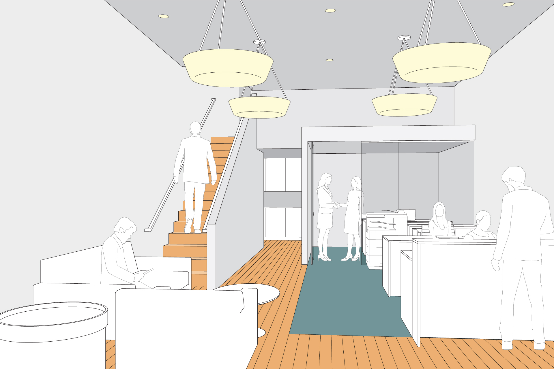 3d view of the modern office design looking towards the rear of the building.