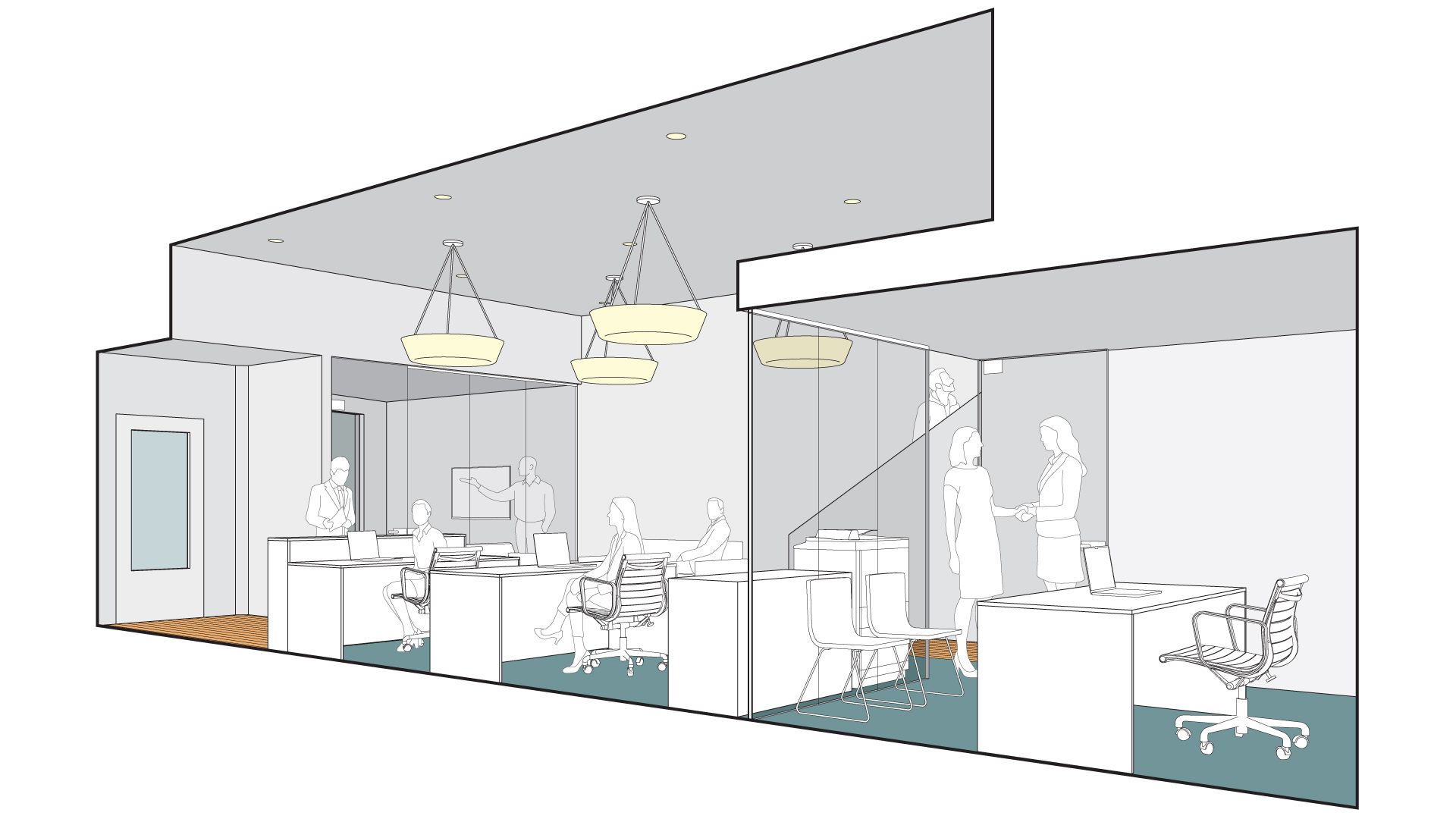 This is a 3-dimensional drawing of the interior of the Multnomah Real Estate office.