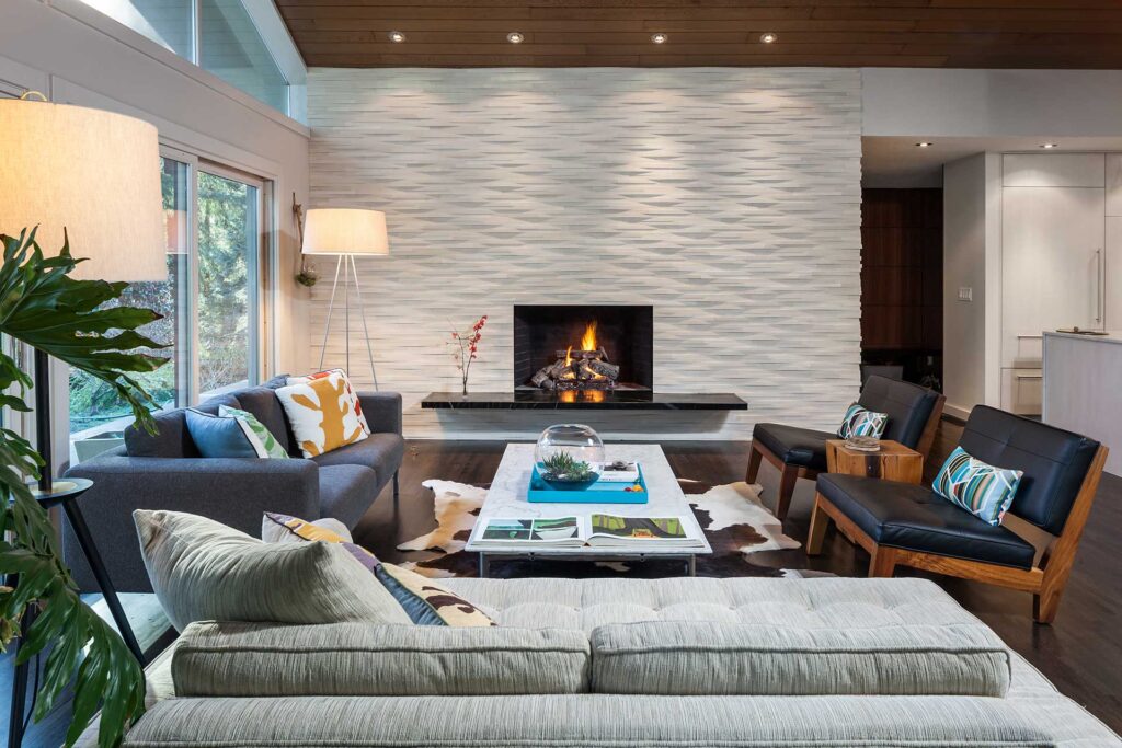 The existing fireplace received a new custom tile surround and marble hearth at the Patton Modern.