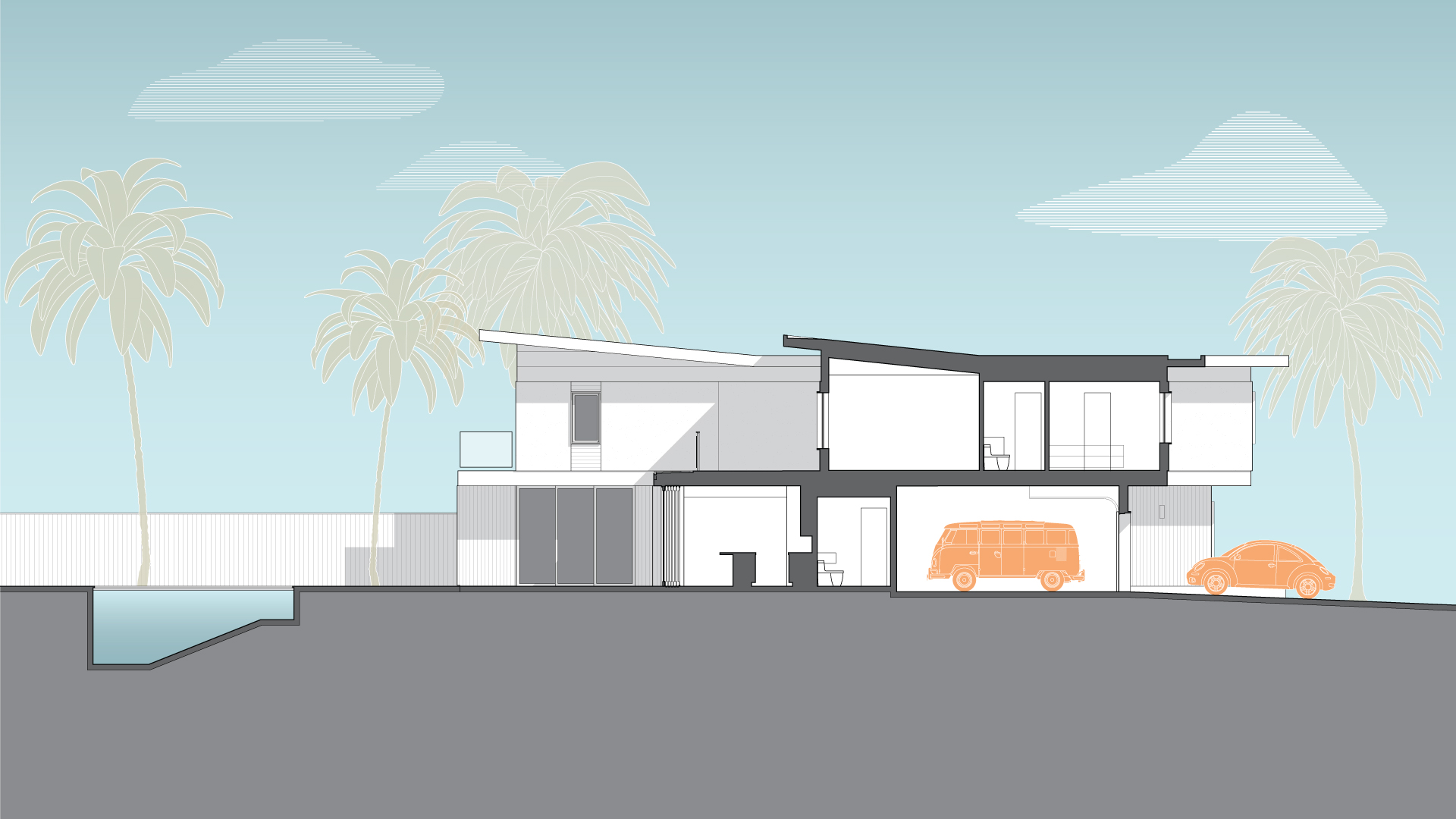 This is a section drawing through the garage, kitchen, accessory dwelling unit and pool at the Point Loma House.