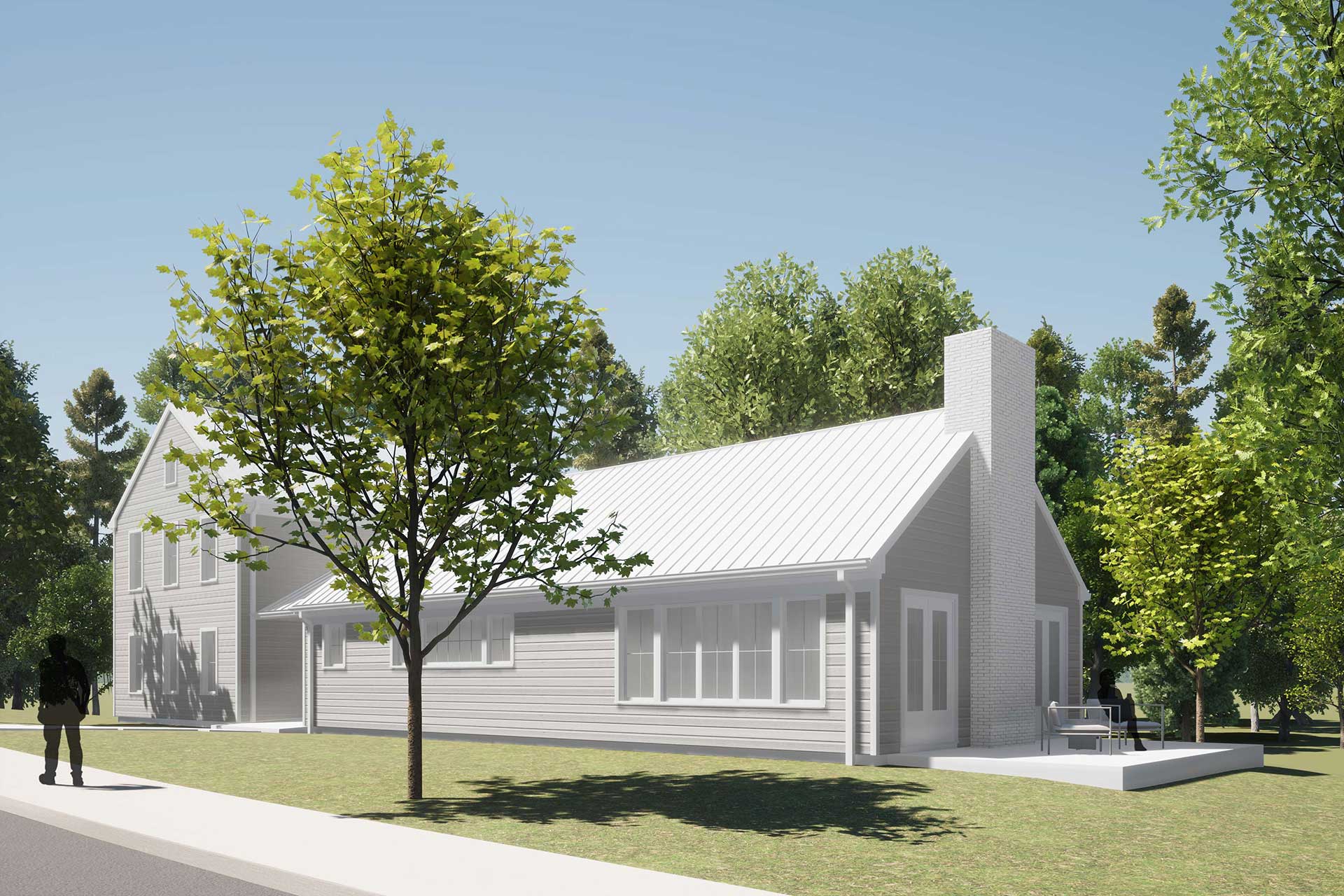 Digital rendering of the southeast corner of the new modern farmhouse.