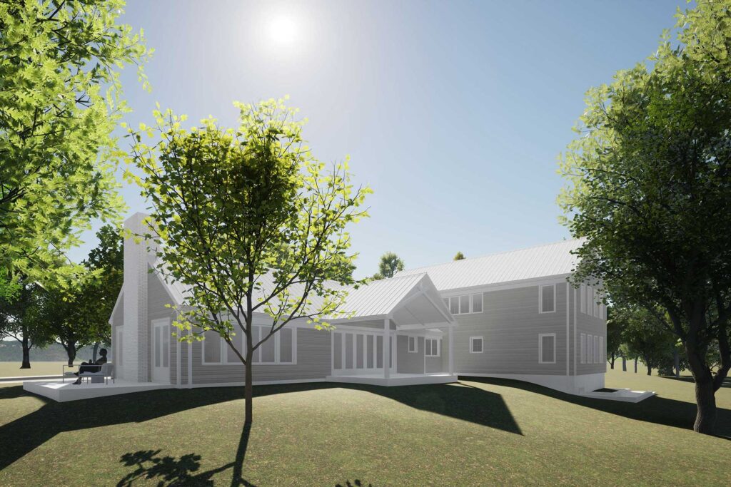 Digital rendering of the northeast corner of the new modern farmhouse.
