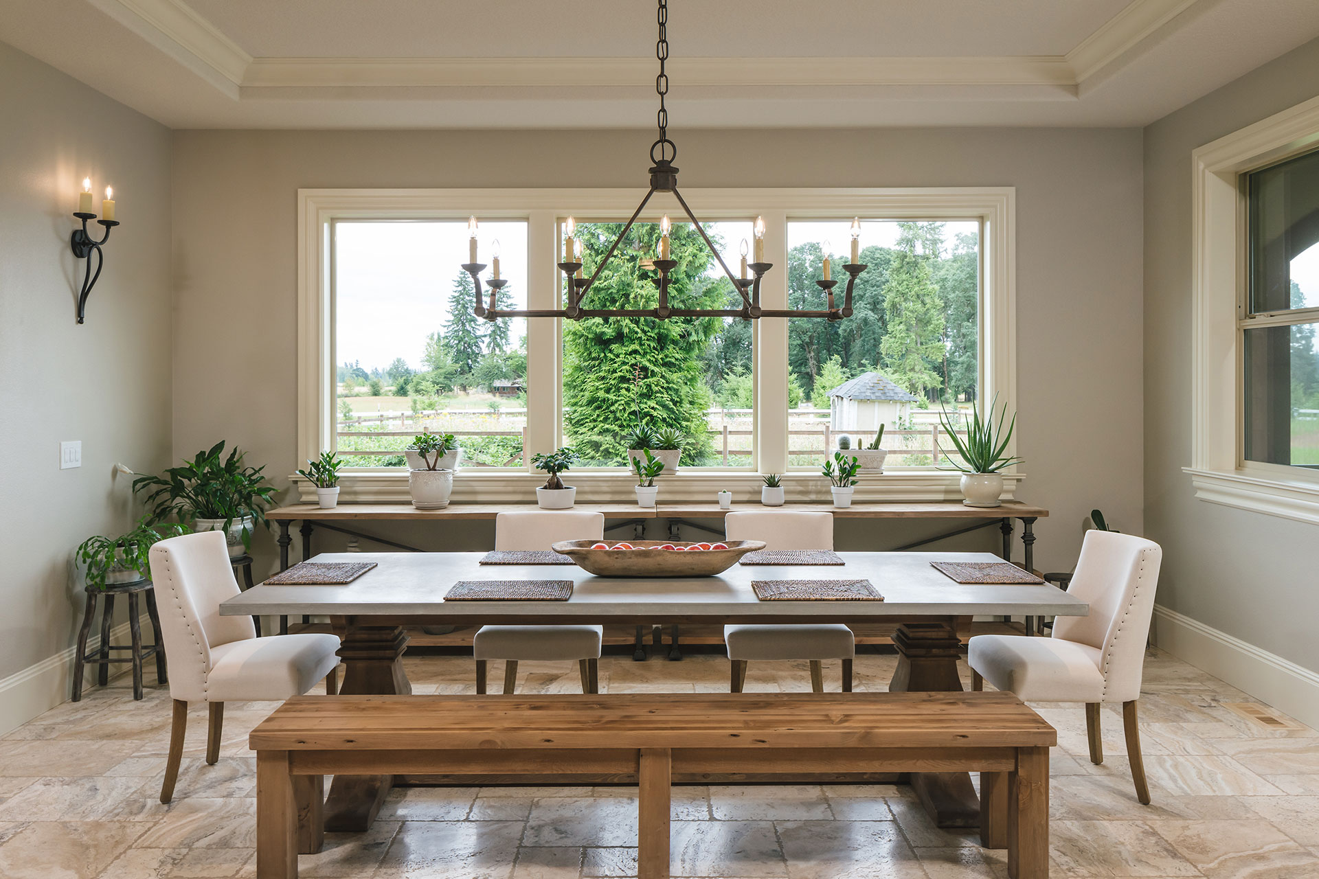 The informal dining area has a view to the farm.