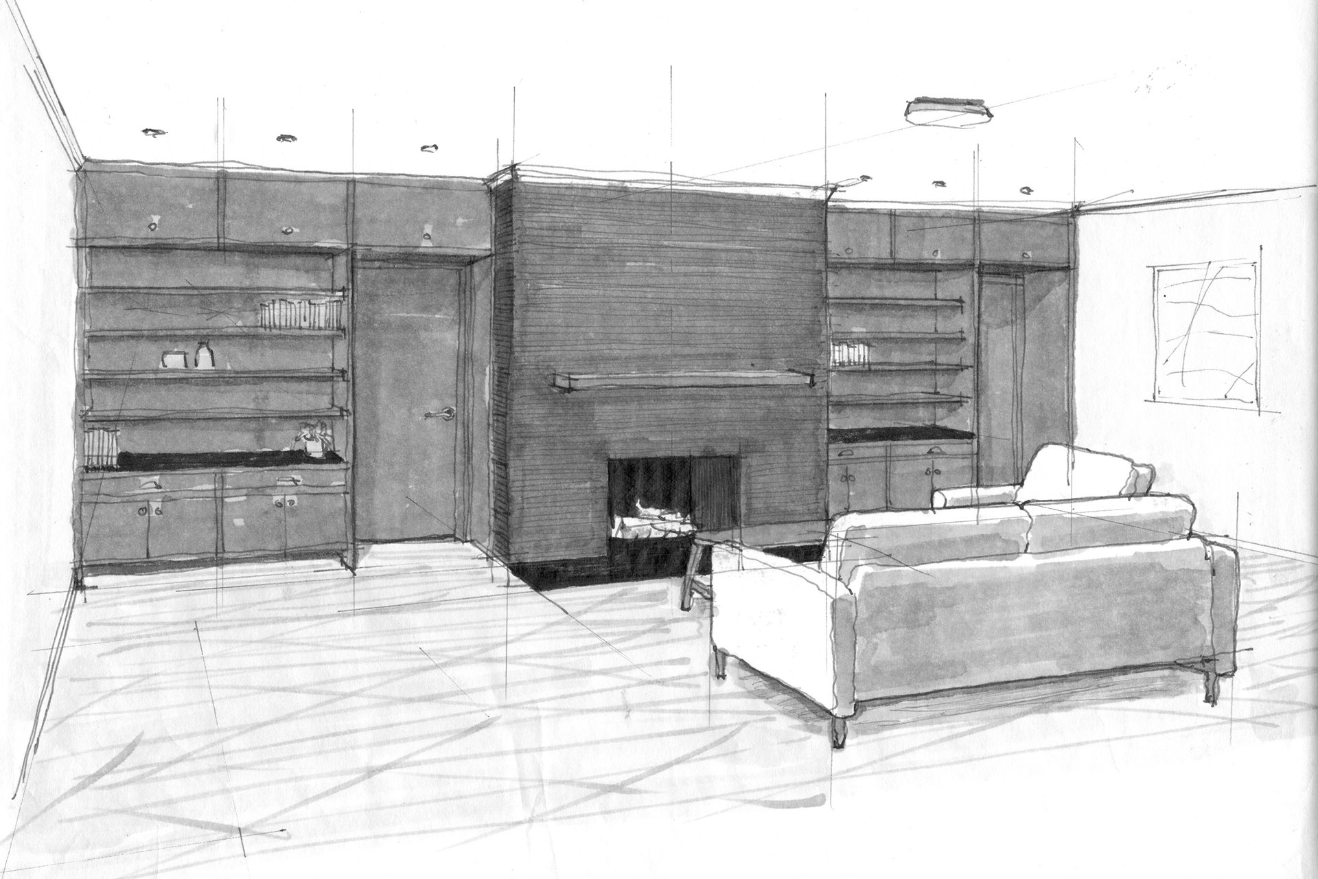 This is a black and white sketch of the living room at the Sylvan Basement.