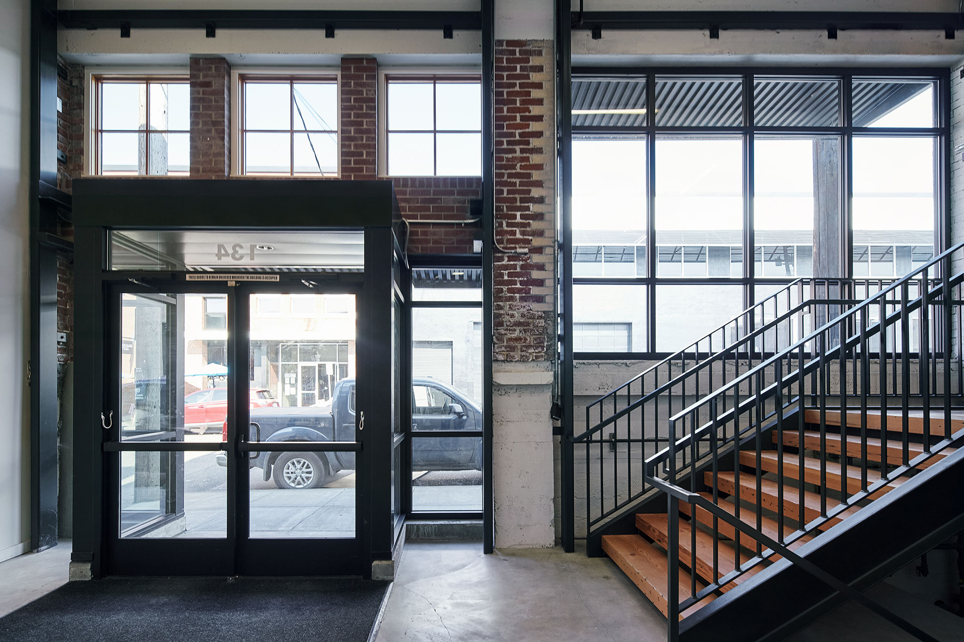 New lobby and interior stair at the warehouse renovation.