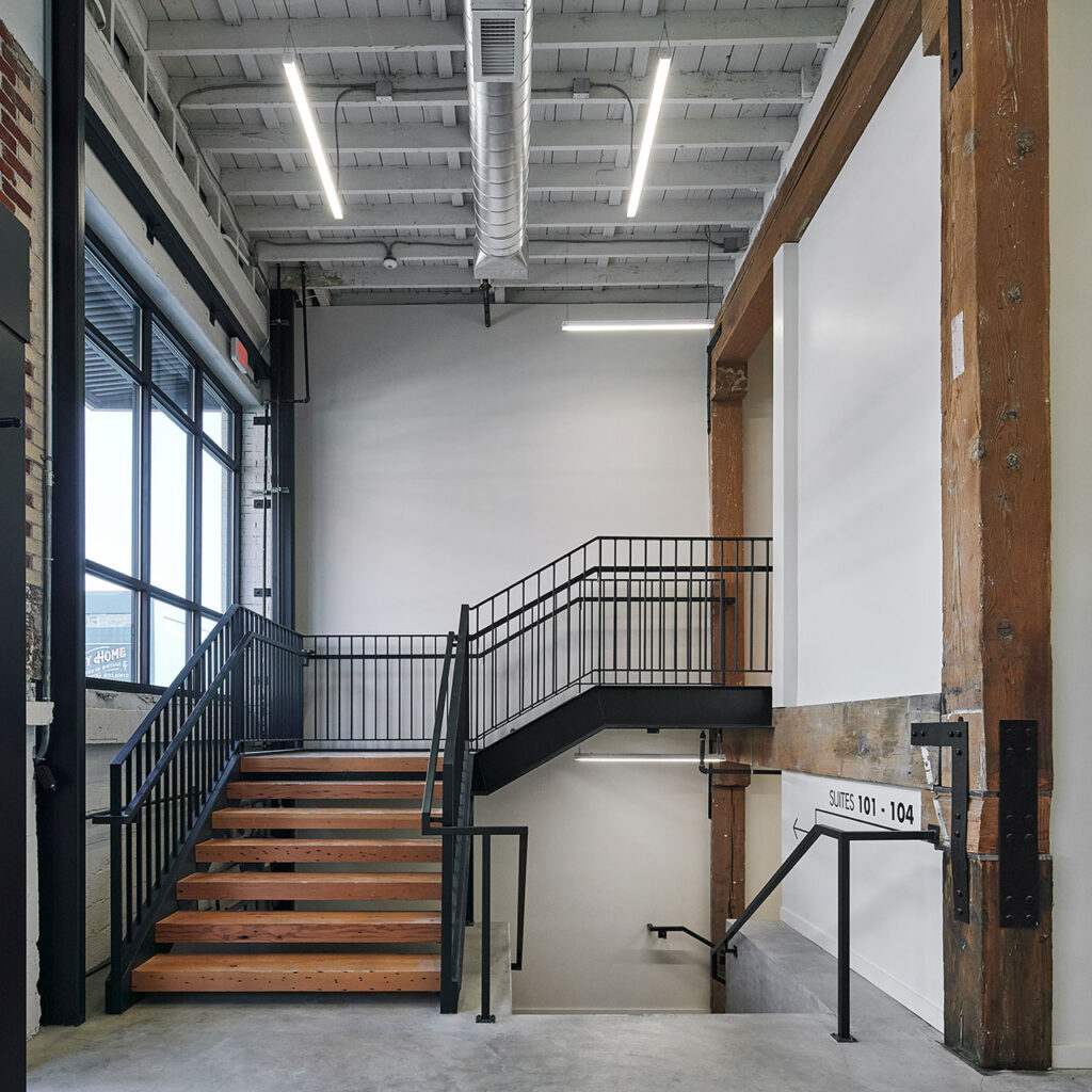 New interior stair in the lobby of warehouse renovation.