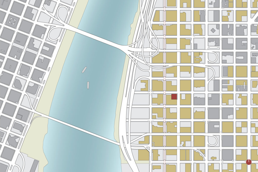 The warehouse renovation property is highlighted in red in this map. Other warehouses are highlighted in yellow.