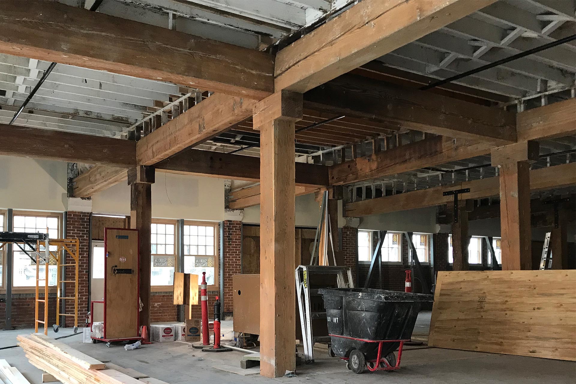 Sandblasted fir timber framing columns and beams Taylor Building Christie Architecture