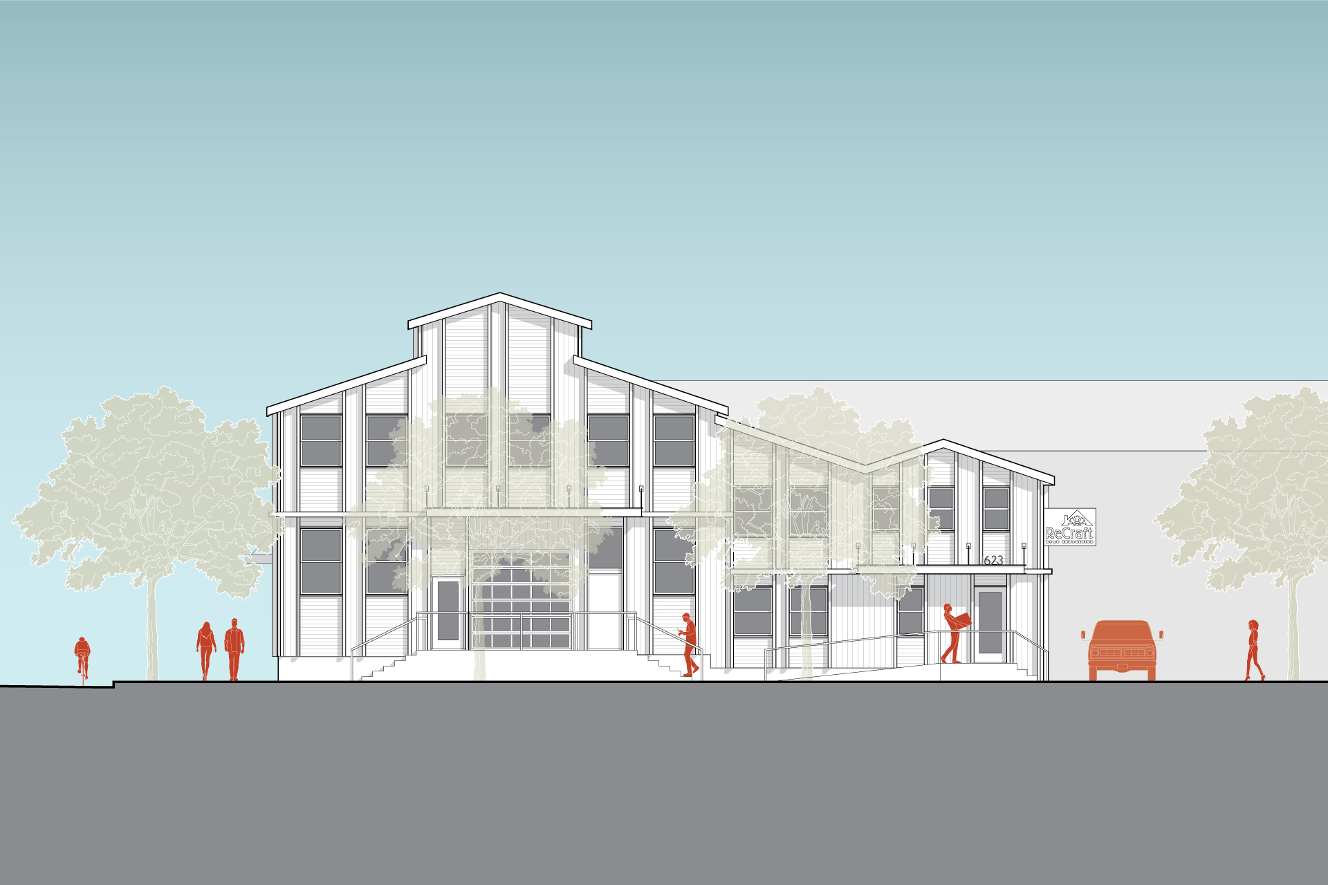 This is a drawing of the east elevation of the Warehouse Rehab after renovations.