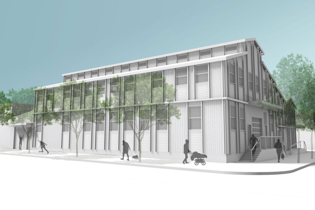 Rendering of the southeast corner of the Warehouse Rehab after renovations.