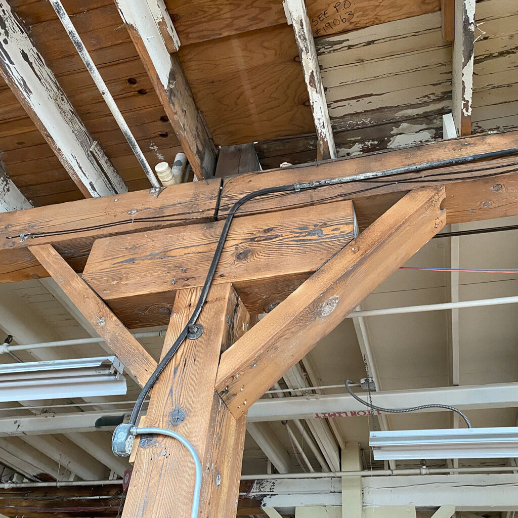 The interior of the warehouse has old growth fir timber columns and beams that were refinished during the renovation.