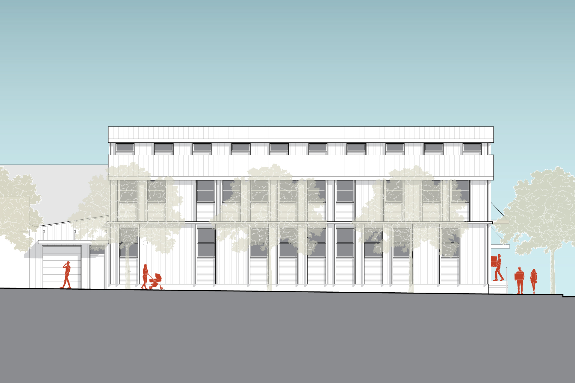 This is a drawing of the south elevation of the Warehouse Rehab after renovations.