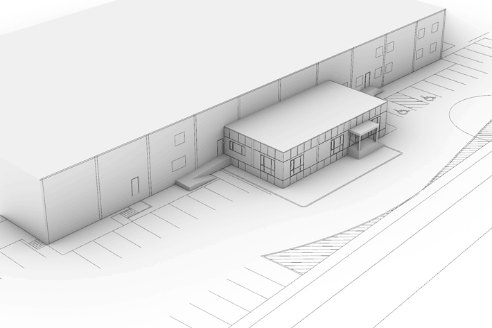 Office massing transition gif Christie Architecture Industrial office entry