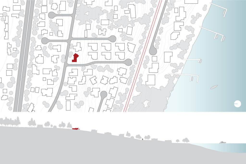 Vicinity plan and section with the remodeled home highlighted in red.