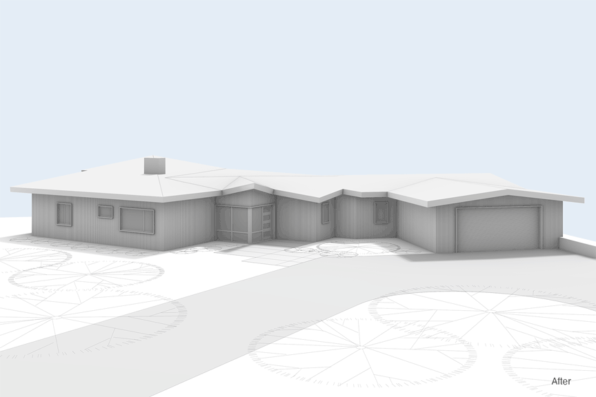 This GIF shows a three-dimensional rendering of the house before and after the garage and entry additions.