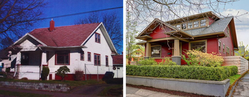 The photo on the left is the house before renovations and the photo on the right is the house after renovations.