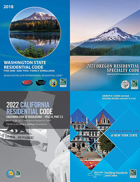 These are images of the covers of the Washington, Oregon, California, and New York building codes.