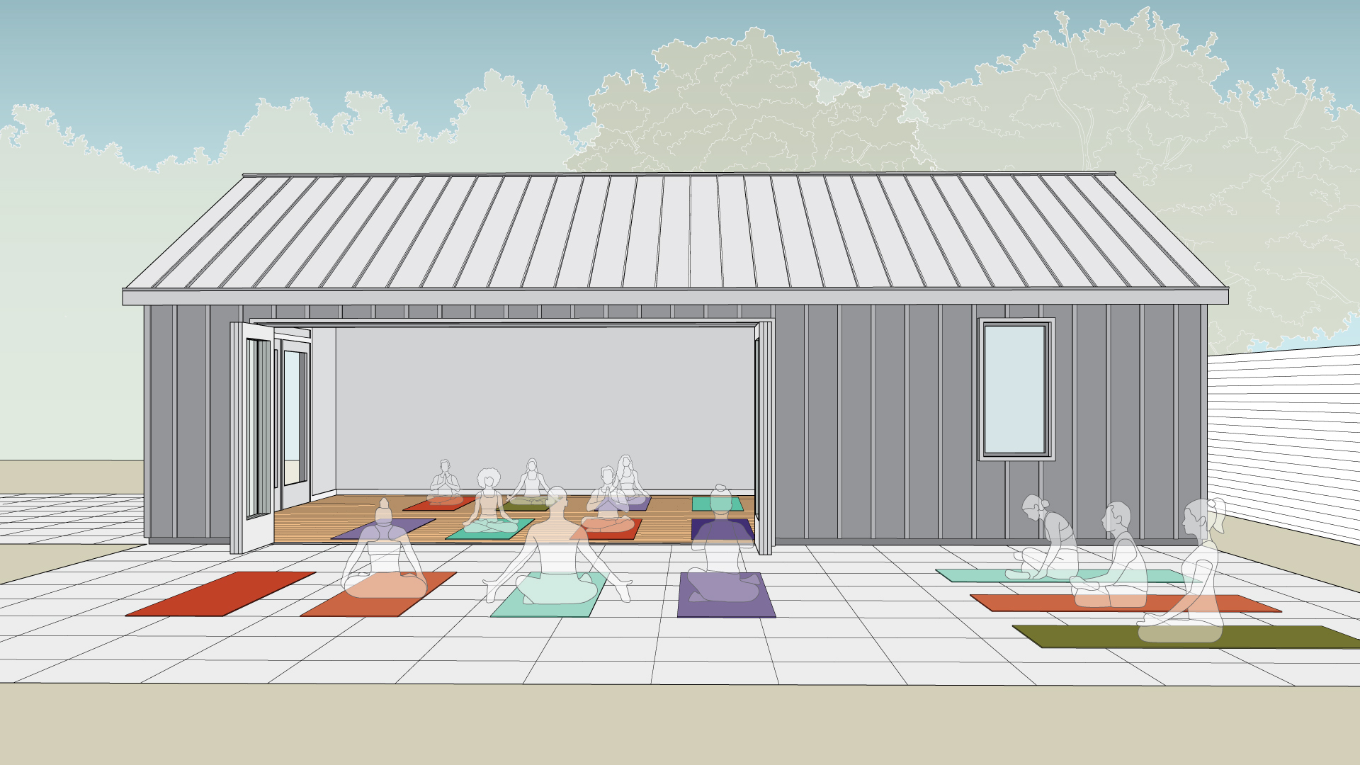 The SE Yoga Studio features a large bi-fold door that opens to an outdoor patio.