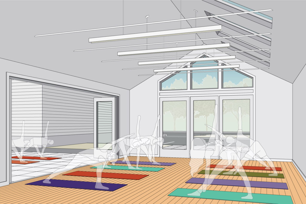 The SE Yoga Studio features a vaulted ceiling at the interior.