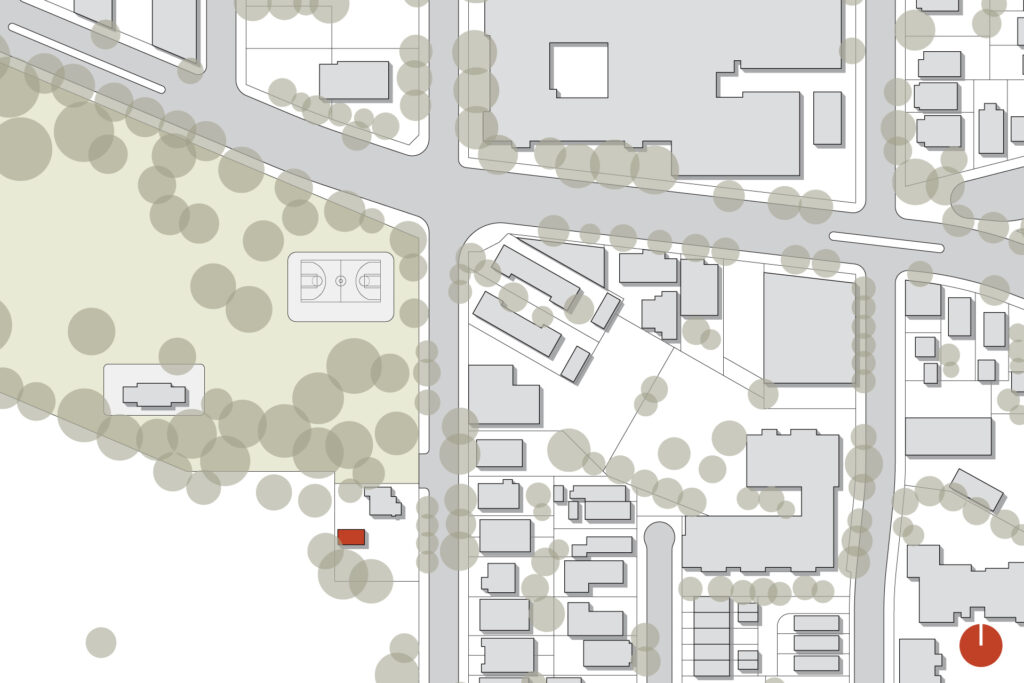 The studio is highlighted in red in this vicinity plan of the neighborhood.