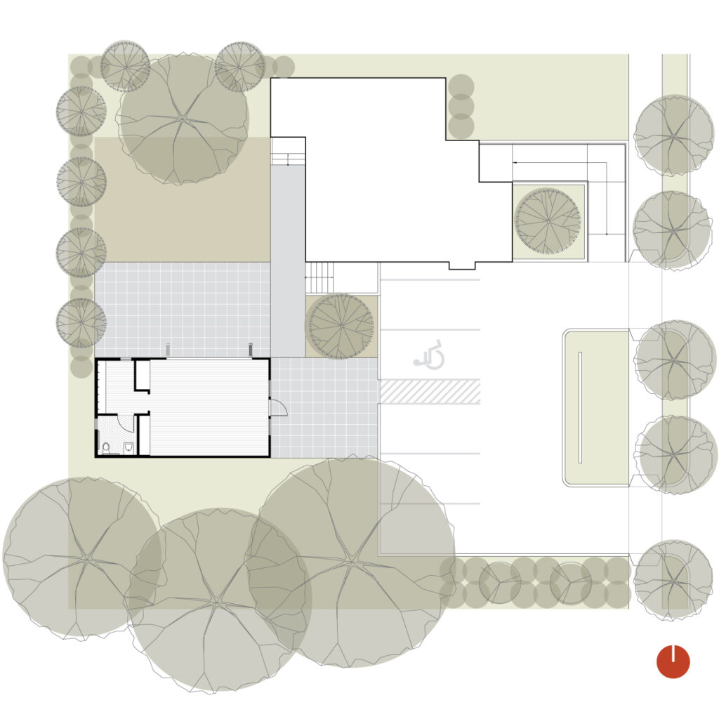 The site plan for the SE Yoga Studio shows the location of the yoga building in relation to the parking lot and main office.