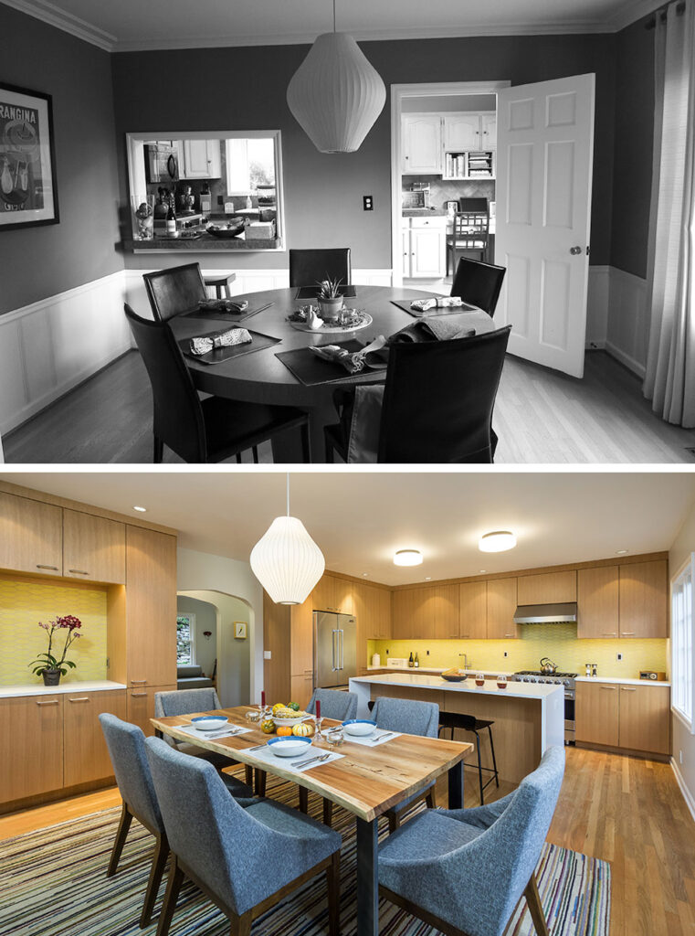 The top photo shows the dining room before tearing down the wall between the kitchen and dining room. The bottom photo shows the kitchen and dining room with the wall removed, after renovations.