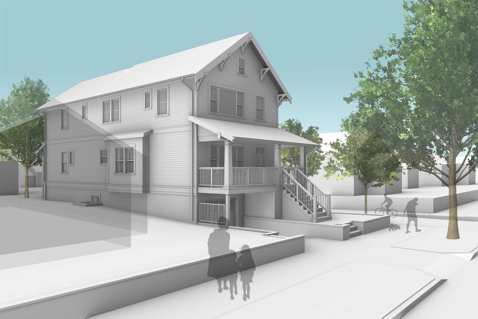 View of the multigenerational Portland Craftsman from the southwest corner, showing the tuck-under garage and large front porch.