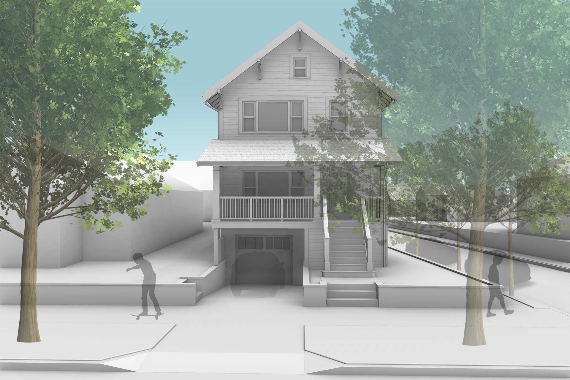 Front elevation view of the multigenerational Portland Craftsman showing the tuck-under garage and large front porch.