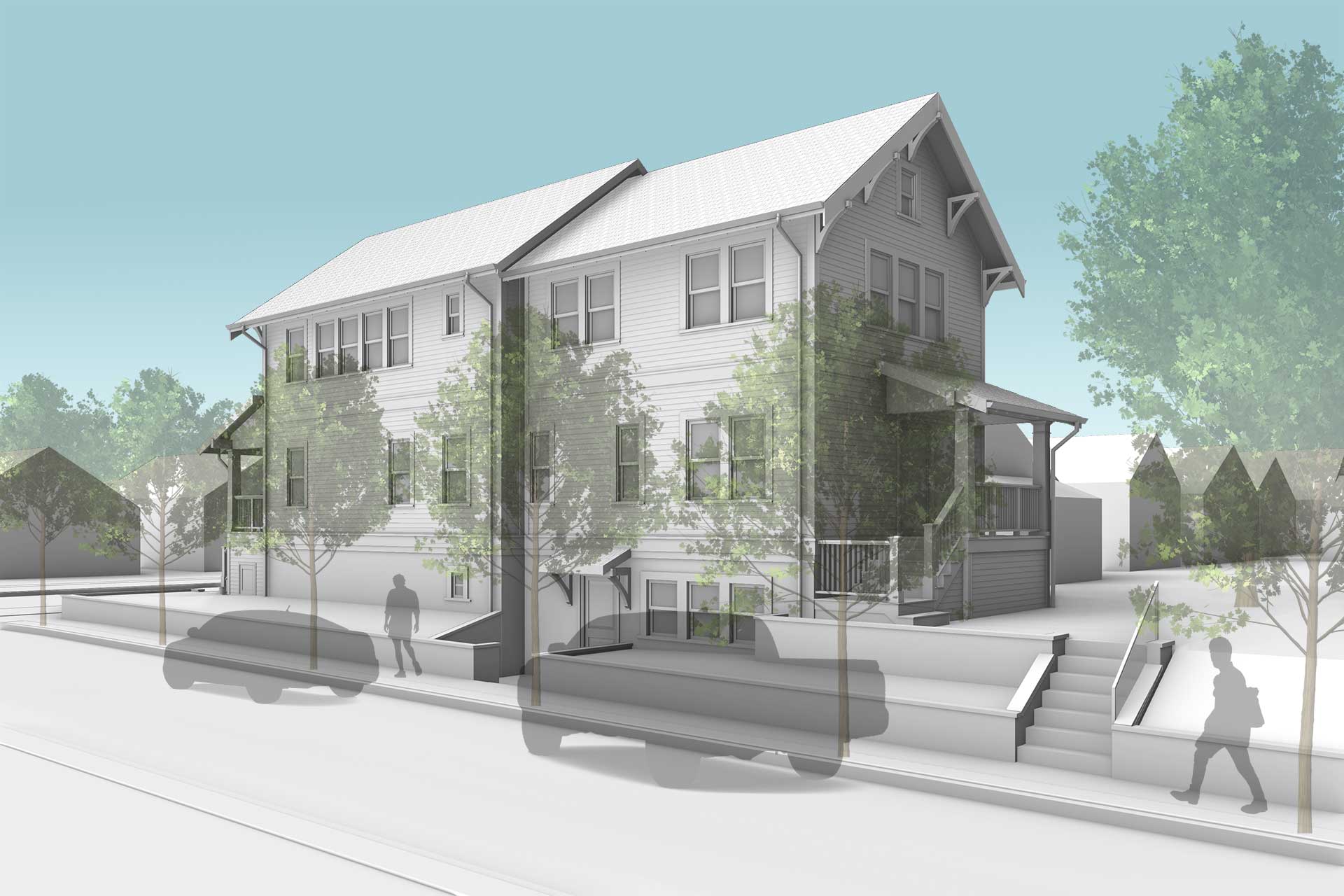 View of the multigenerational Portland Craftsman from the north east corner, showing the ADU side entry, rear porch and back yard.