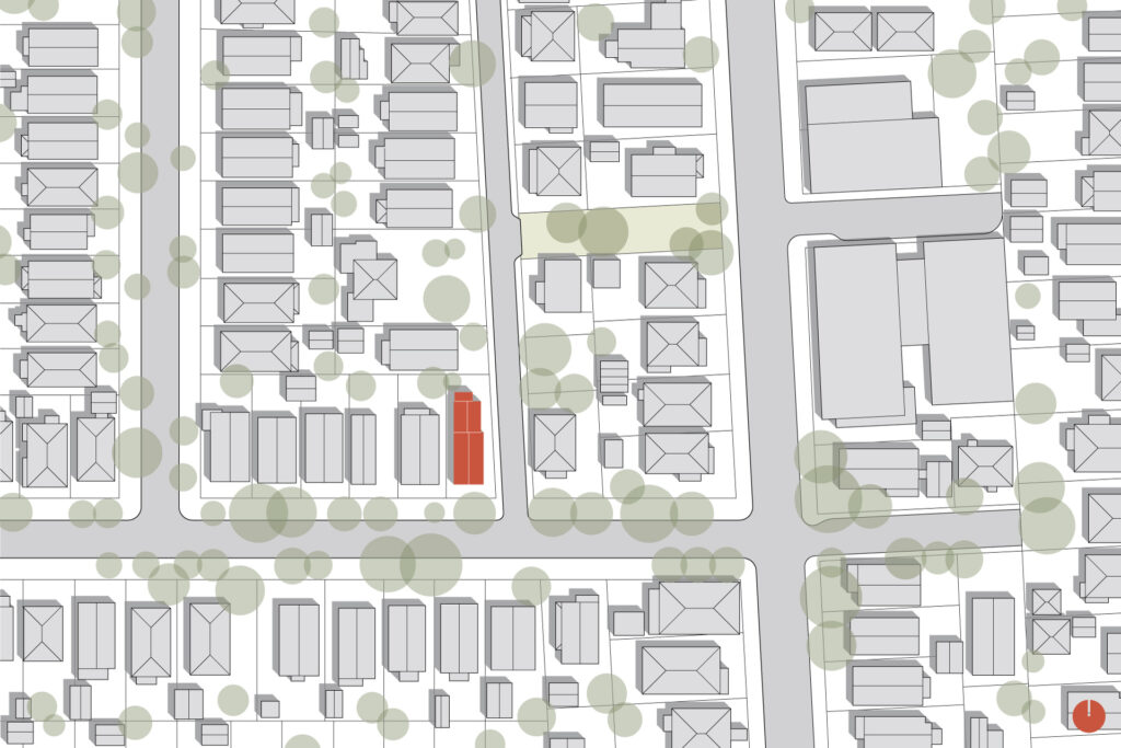 The multigenerational living house is is shown in red in this overall vicinity plan of the neighborhood.