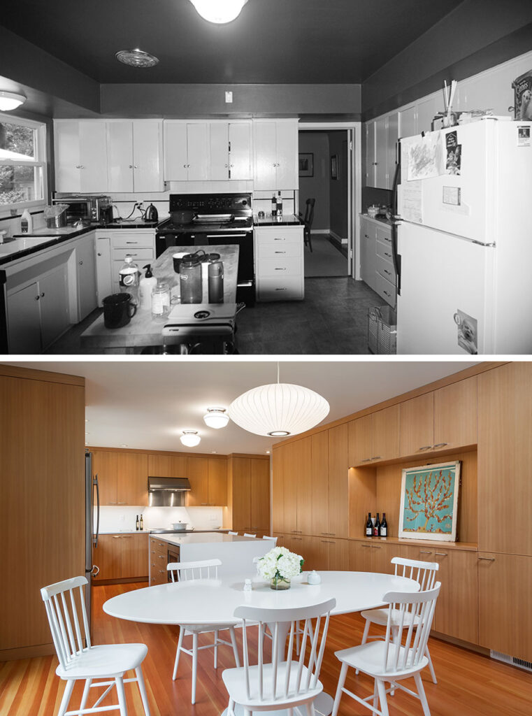 The top photo shows the kitchen before tearing down the wall between it and the adjacent dining room. The bottom photo shows the kitchen and dining room combined, after renovations.
