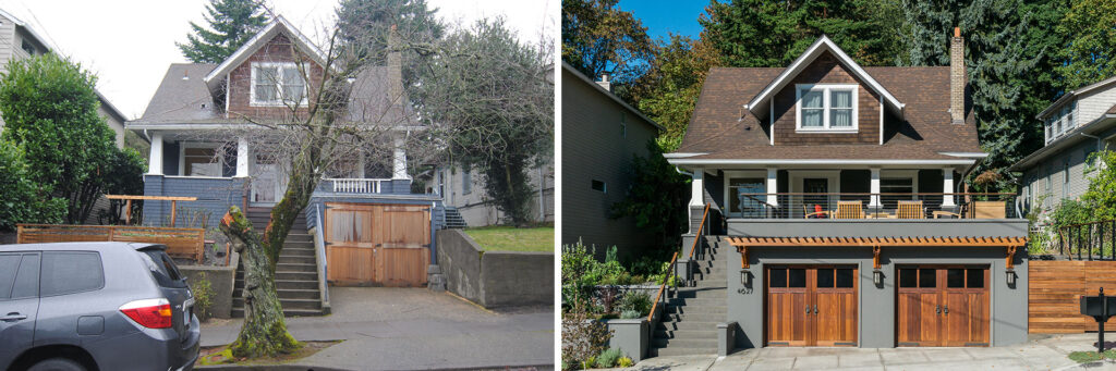 The porch before renovations was pushed back and unengaged from street life. The new roof deck is pushed forward and raised above the sidewalk, to allow it to embrace the street.