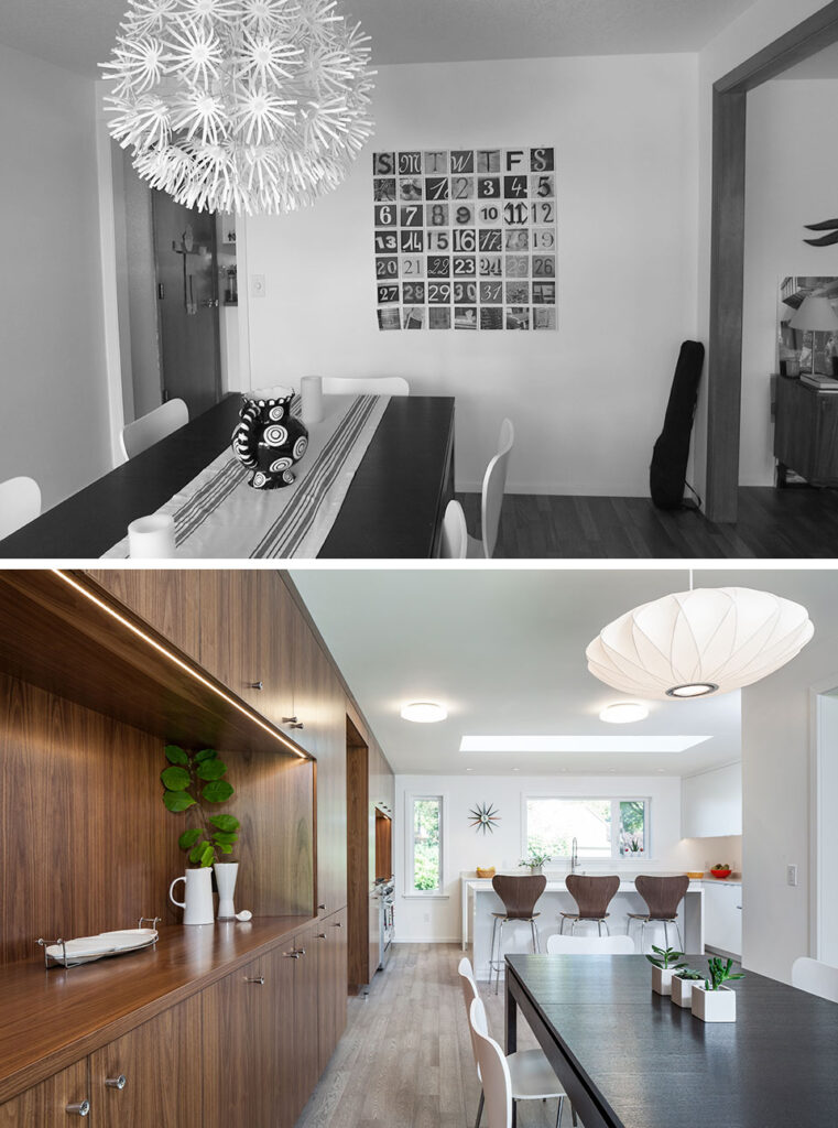 The top photo shows the dining room before tearing down the wall between the kitchen and dining room. The bottom photo shows the kitchen and dining room with the wall removed, after renovations.