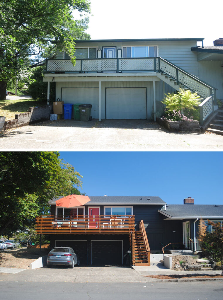 The renovation features separate entries for the two occupants of the duplex.